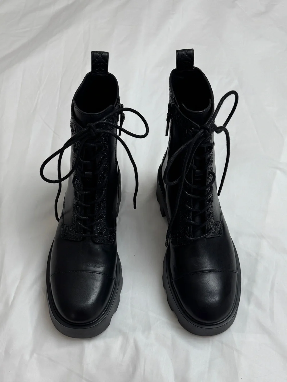 Tory Burch Chunky Black Lug Sole Combat Boots Leather Platform Ankle Boots US 10